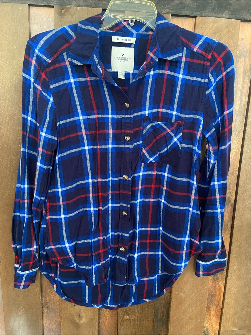 American Eagle Outfitters Navy Plaid Button-Down Shirt Boyfriend Fit